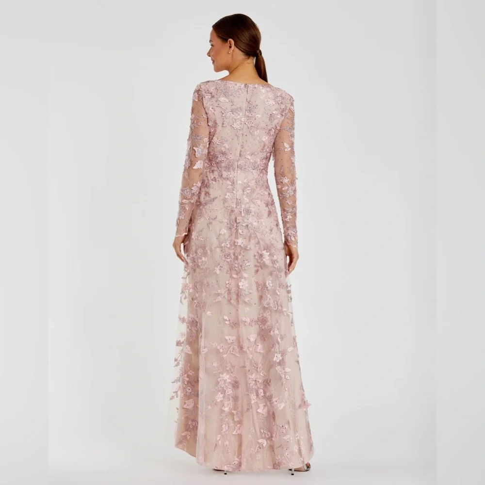 Mac Duggal Pink Floral Applique Long Sleeve Illusion Gown Dress Size 8 NWT - Picture 6 of 15